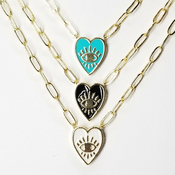 Jewelry - NEW Enamel Heart Evil Eye Paperclip Dainty Chain